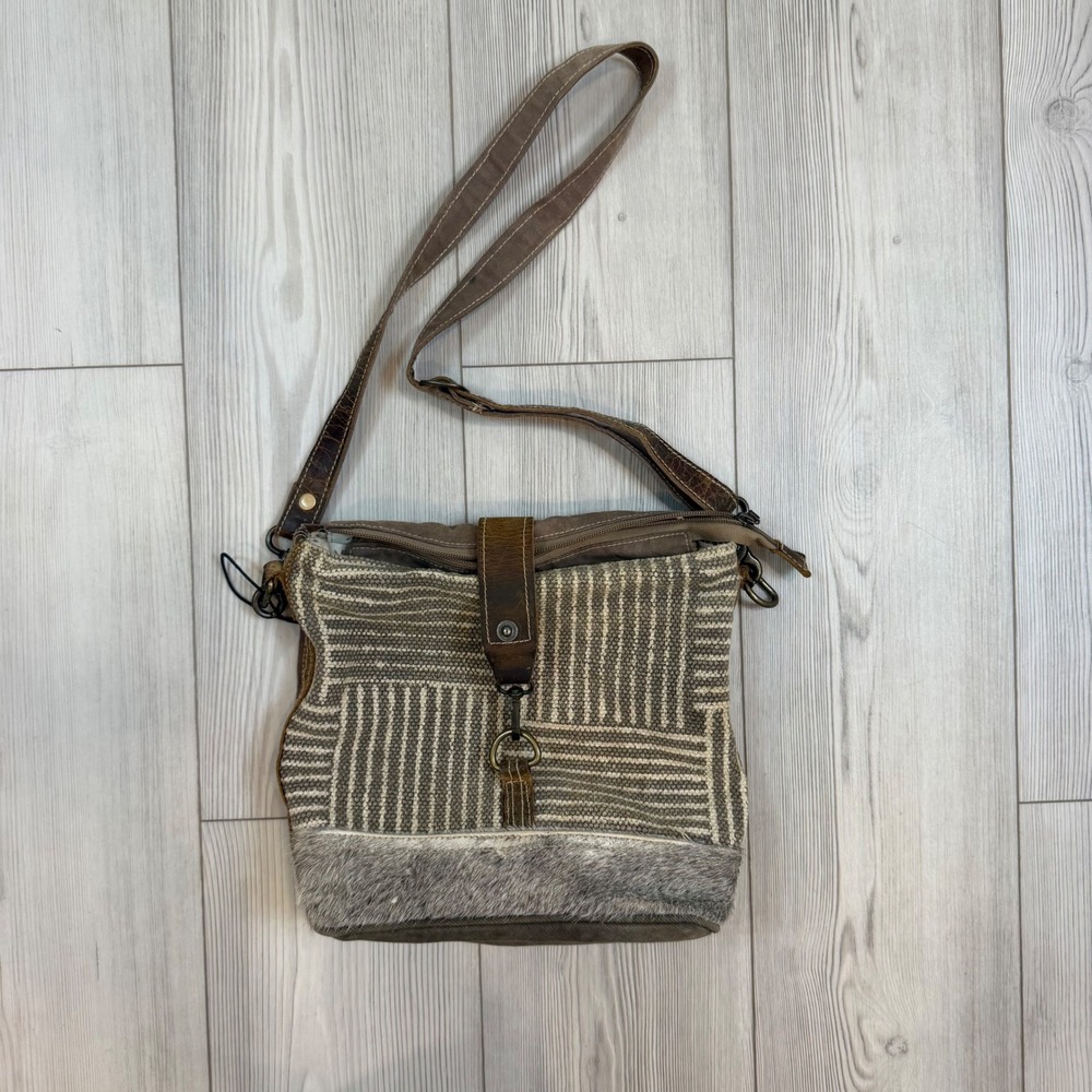 Myra Goodwave Canvas Rug Hair On Hide Leather Crossbody Bag Brown Boho Western